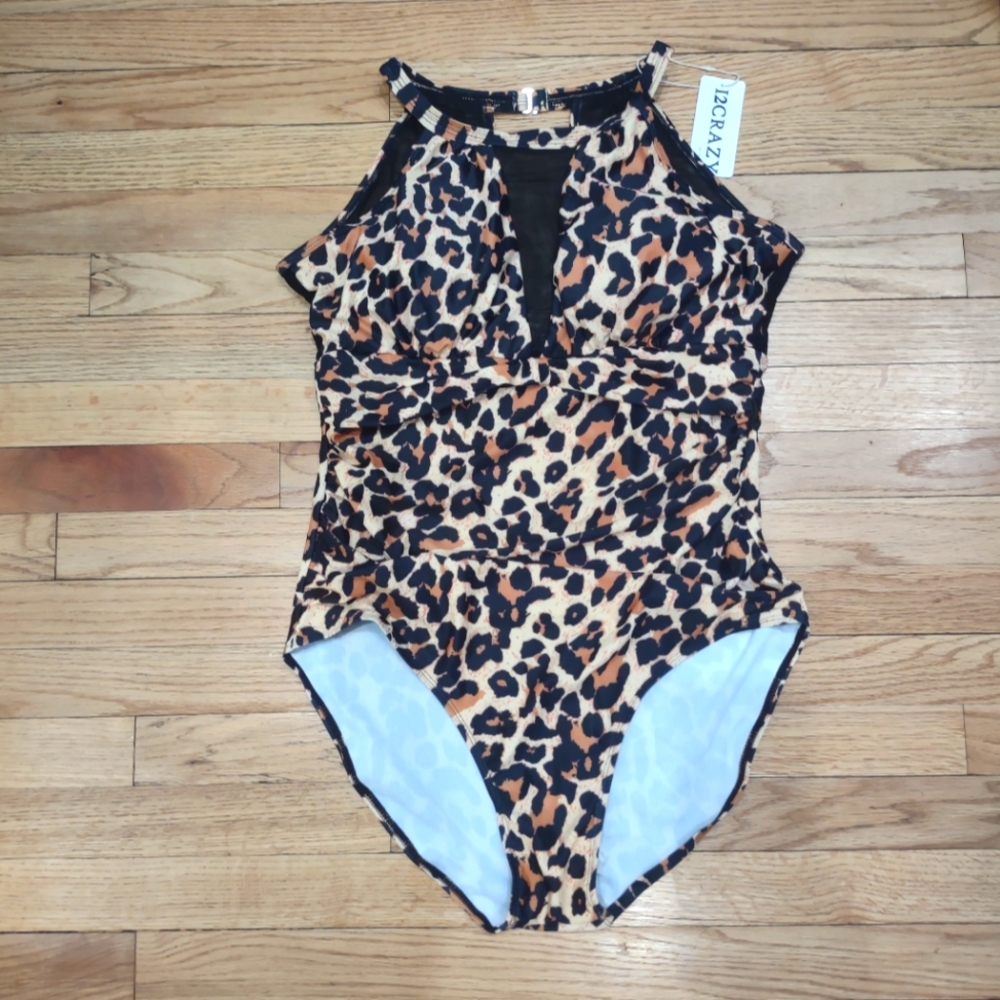 Leopard sheer cutout one piece swimsuit XXL
